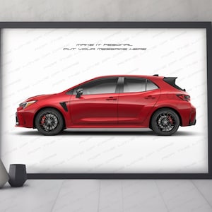 May include: A red hatchback car with black wheels and tinted windows. The car is on a white background with the text "Make it personal. Put your message here."