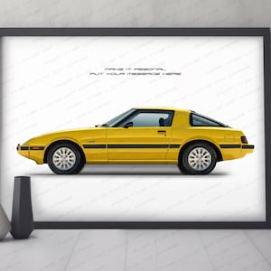 Personalisable Mazda RX-7 first generation (FB) poster, gift for car lovers, handmade digital artwork print / Perfect car gift for him.
