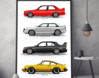 1980er Jahre Sportwagen Sammlung, Porsche 911, BMW M3, Audi Quattro, Mercedes 190 EVO handgemachter Kunstdruck, Geschenk für Autoliebhaber, Wandkunst.