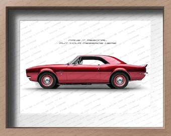 Personalisable 1967 Chevrolet Camaro poster for car lovers / hand made art work print gift for him, for father and Camaro, hotrod lovers