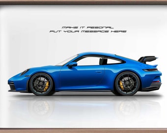 Personalized Porsche 911 GT3 Handmade Car Art Print. Custom poster, automotive wall art, gift for him, home and office car decor.