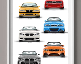 BMW M3/M4 generations handmade Art Print, Automotive Wall Decor / gifts for him / car art / car sketch / BMW poster