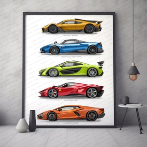 Cadeau Ferrari, Lamborghini, McLaren, Pagani, Mercedes pour les amateurs de voitures, affiche imprimée d'oeuvres d'art numériques faites à la main / cadeaux pour lui / oeuvre d'art automobile