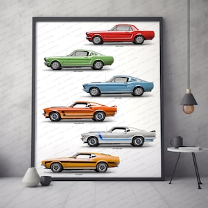 Poster ispirato alla prima generazione della Ford Mustang per gli amanti delle auto / stampa artistica fatta a mano, regalo per lui, per gli amanti della Mustang e per gli appassionati di auto.