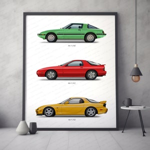 Poster con l'evoluzione delle generazioni della Mazda RX-7, regalo per gli amanti delle auto, stampa artistica digitale fatta a mano / Regalo perfetto per lui, decorazione murale a tema auto.