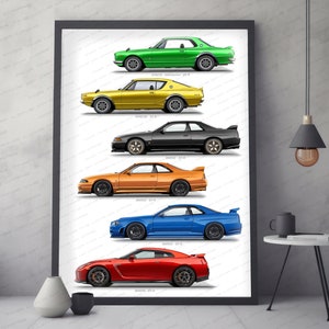 Nissan Skyline GT-R Generation Print KPGC10 Hakosuka, KPGC110, R32, R33, R34, R35, gift for car lovers, handmade digital artwork print