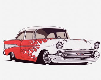 Gift for car lovers Chevrolet Bel Air 57’ handmade artwork print on high quality watercolour paper / gifts for him / car art / car sketch /