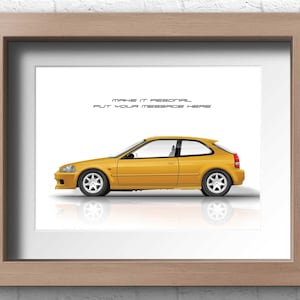 Personalisable Honda Civic ek hatchback poster, Gift for car lovers, handmade digital artwork print on high quality photo paper.
