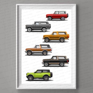 Generazioni di Ford Bronco, regalo per gli amanti delle auto, stampa artistica fatta a mano, arte murale, poster / regali per lui / arte automobilistica.