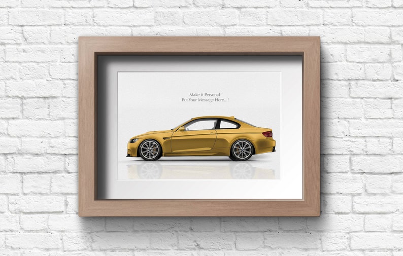 May include: A framed print of a yellow car with the text "Make it Personal Put your Message Here..." printed above the car.