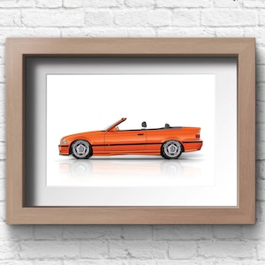Stampa personalizzata per gli amanti delle auto BMW M3 (E36) Cabriolet, stampa artistica fatta a mano su carta fotografica di alta qualità / regali per lui / schizzo artistico di un'auto.