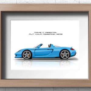 A blue Porsche Carrera GT convertible side view illustration on a white background. A perfect gift for him or any Porsche enthusiast. Available in 9 colours and 20 size options. Ideal wall art for collectors, or motorsport fans.
