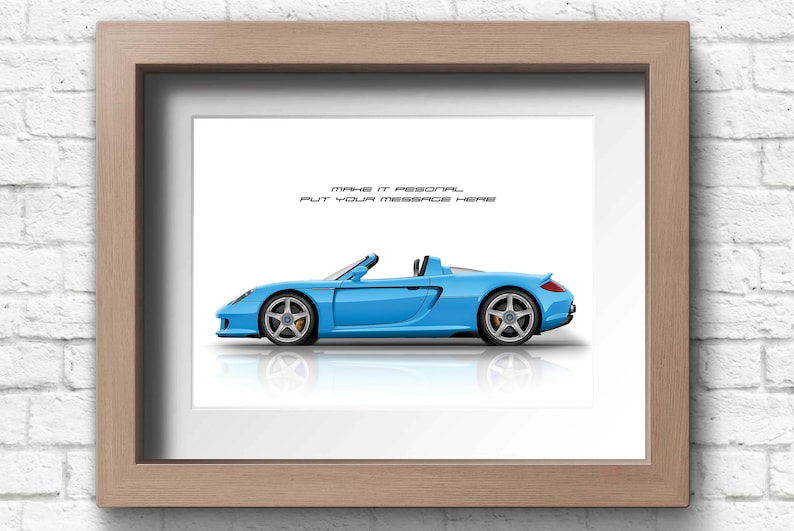 A blue Porsche Carrera GT convertible side view illustration on a white background. A perfect gift for him or any Porsche enthusiast. Available in 9 colours and 20 size options. Ideal wall art for collectors, or motorsport fans.