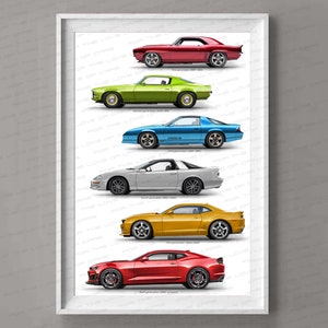 Generazioni di Chevrolet Camaro, regalo per gli amanti delle auto, stampa artistica fatta a mano, arte murale, poster / regali per lui / arte automobilistica