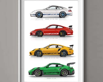 Porsche 911 GT3 RS Generations Poster - Handmade Print | Vintage to Modern 911 Wall Art | Gift for Car Lover and Him / Garage Decor