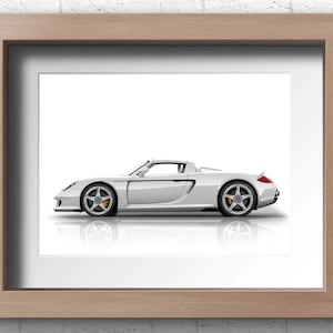 A white Porsche Carrera GT convertible side view illustration on a white background. A perfect gift for him or any Porsche enthusiast. Available in 9 colours and 20 size options. Ideal wall art for collectors, or motorsport fans.