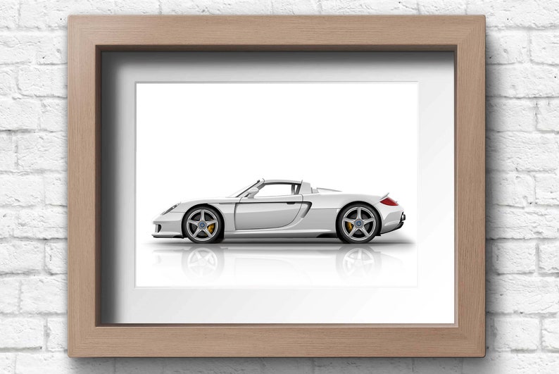 A white Porsche Carrera GT convertible side view illustration on a white background. A perfect gift for him or any Porsche enthusiast. Available in 9 colours and 20 size options. Ideal wall art for collectors, or motorsport fans.