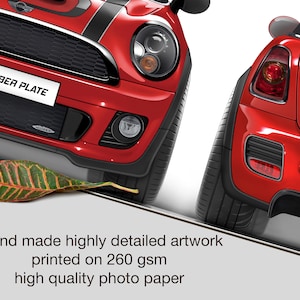 May include: Two red Mini Cooper cars, one with a black and white stripe and the other with a "GP" logo. The car on the left has a license plate that says "YOUR NUMBER PLATE".