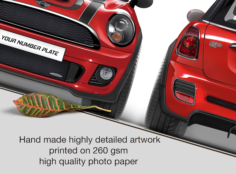 May include: Two red Mini Cooper cars, one with a black and white stripe and the other with a "GP" logo. The car on the left has a license plate that says "YOUR NUMBER PLATE".