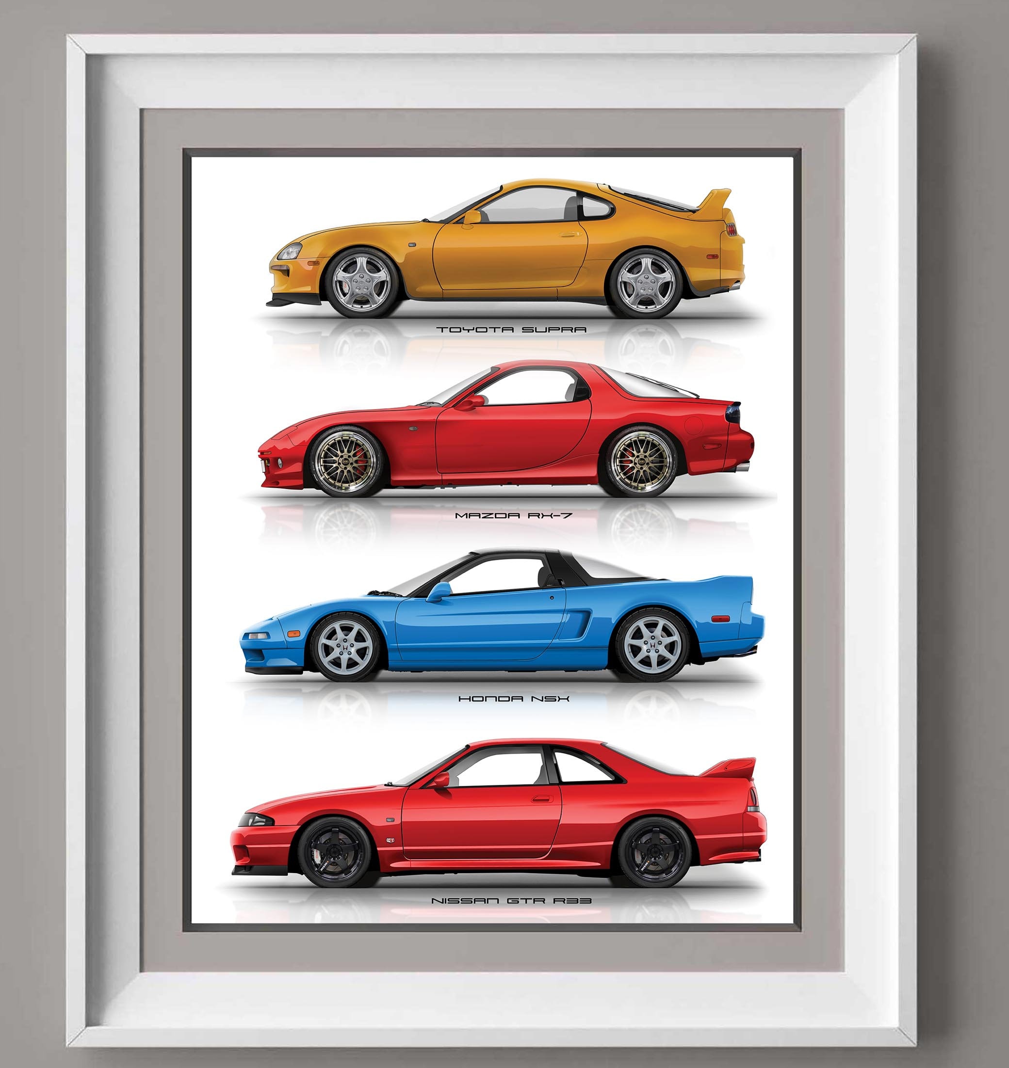 Toyota Supra, Nissan GTR, Mazda RX 7, Honda NSX Poster, Gift for