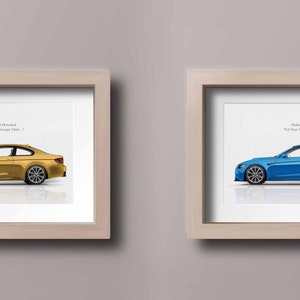 May include: Two framed prints of a car, one in gold and one in blue. The prints are on a white background and have the text "Make it Personal Put Your Message Here."