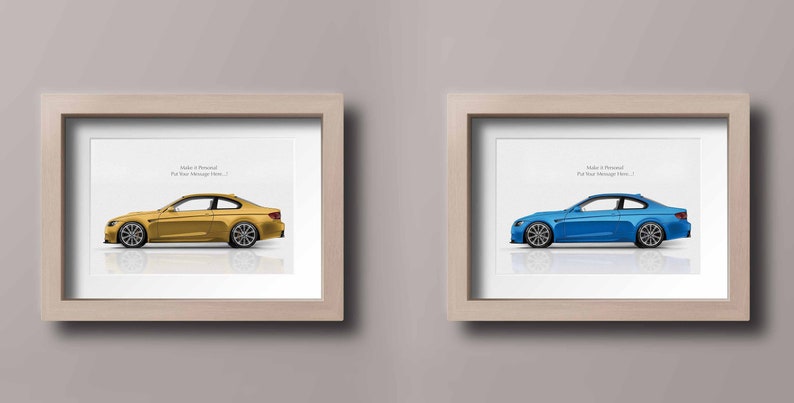 May include: Two framed prints of a car, one in gold and one in blue. The prints are on a white background and have the text "Make it Personal Put Your Message Here."