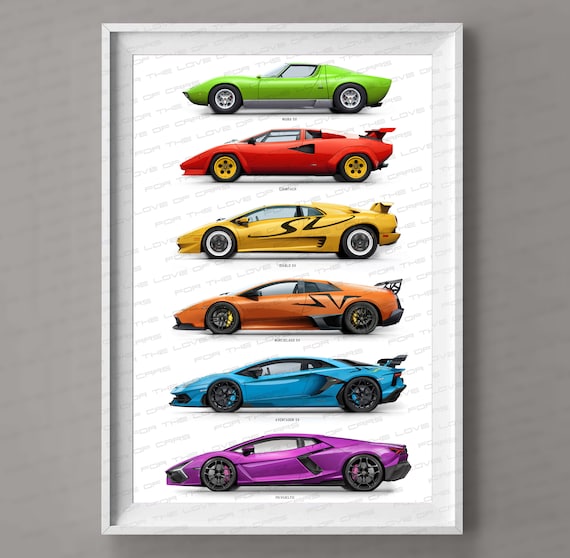 Lamborghini evolution generation poster, Miura, Countach, Diablo
