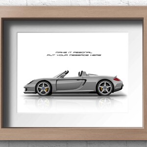 A grey Porsche Carrera GT convertible side view illustration on a white background. A perfect gift for him or any Porsche enthusiast. Available in 9 colours and 20 size options. Ideal wall art for collectors, or motorsport fans.