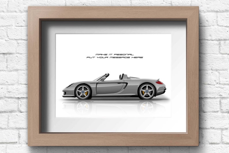 A grey Porsche Carrera GT convertible side view illustration on a white background. A perfect gift for him or any Porsche enthusiast. Available in 9 colours and 20 size options. Ideal wall art for collectors, or motorsport fans.