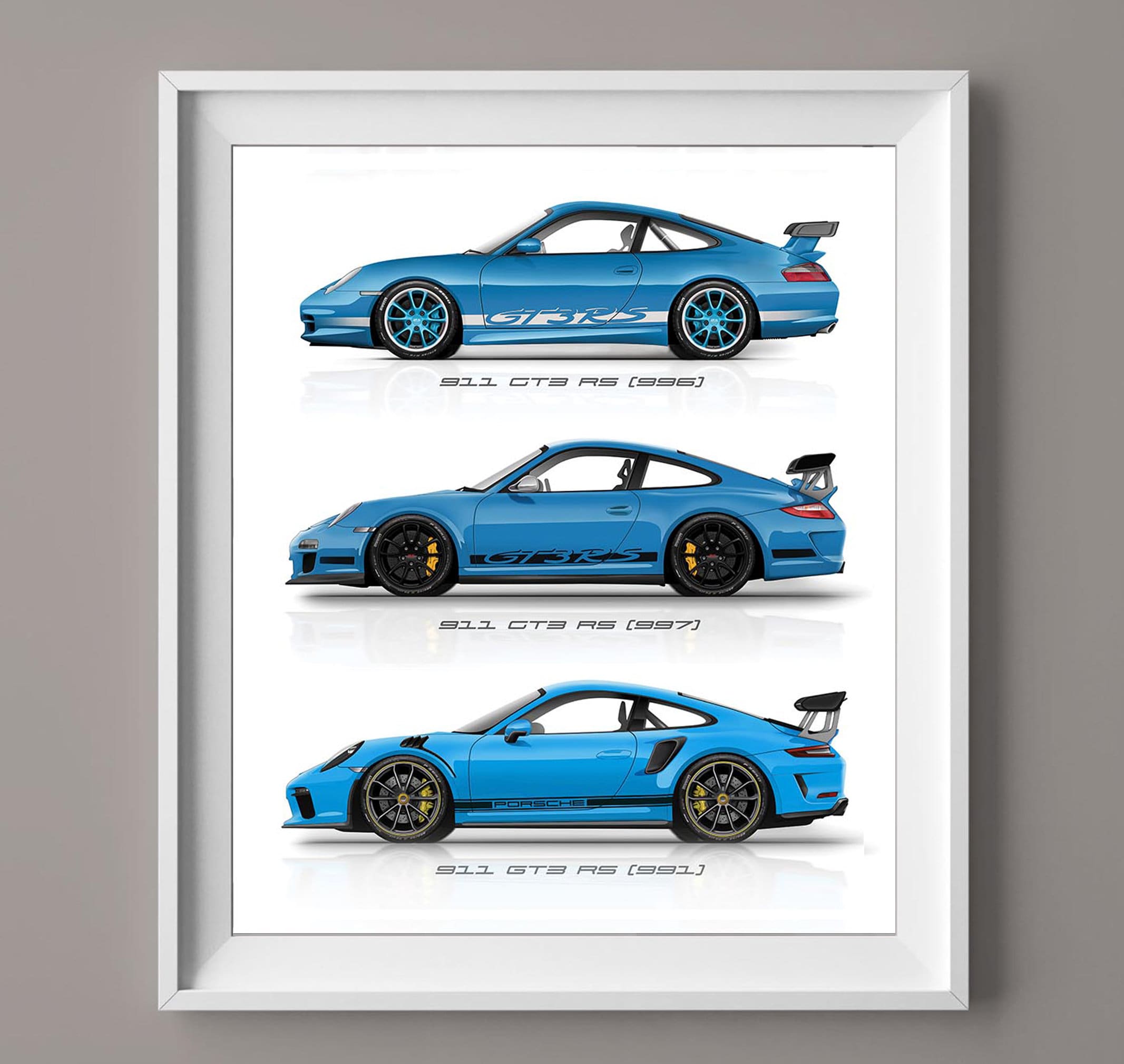 Porsche Carrera 911 GT3 RS Generations Handmade Artwork Print on