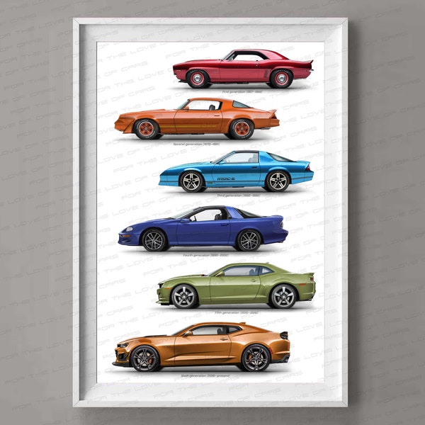 Chevrolet Camaro generations gift for car lovers handmade artwork print, wall art, poster / gifts for him / car art