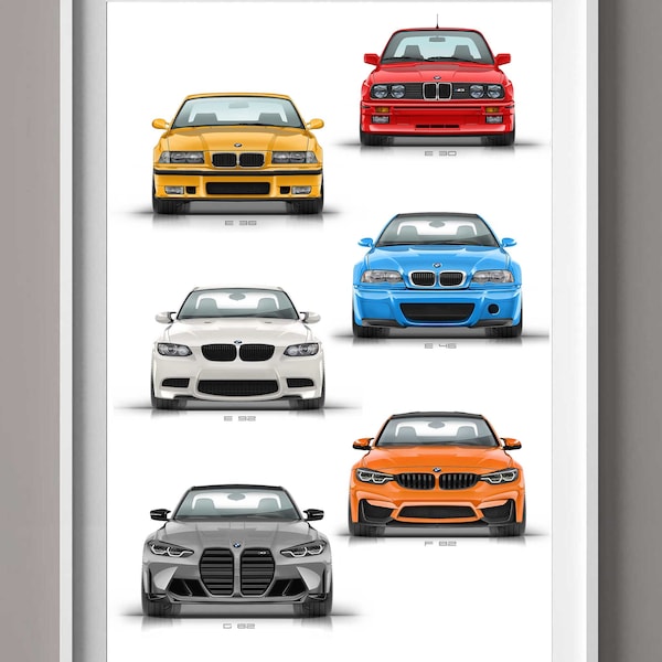 BMW all M3 / M4 generations handmade artwork print on high quality photo paper / gifts for him / car art / car sketch