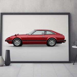 May include: A framed wall art print featuring a side profile of a vintage red sports car. The vehicle has a long hood, a sloping roofline, silver multi-spoke wheels, and a black trim running along the lower body. The car is set against a plain white background.