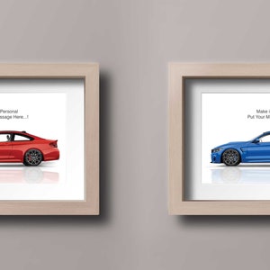 May include: Two framed prints of a red and a blue car. The text on each print reads "Make it Personal. Put Your Message Here..."