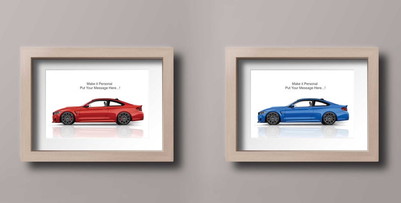 May include: Two framed prints of a red and a blue car. The text on each print reads "Make it Personal. Put Your Message Here..."