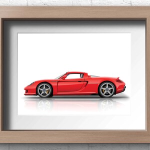 A red Porsche Carrera GT convertible side view illustration on a white background. A perfect gift for him or any Porsche enthusiast. Available in 9 colours and 20 size options. Ideal wall art for collectors, or motorsport fans.