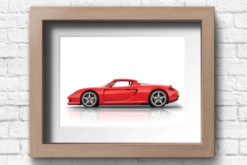 A red Porsche Carrera GT convertible side view illustration on a white background. A perfect gift for him or any Porsche enthusiast. Available in 9 colours and 20 size options. Ideal wall art for collectors, or motorsport fans.