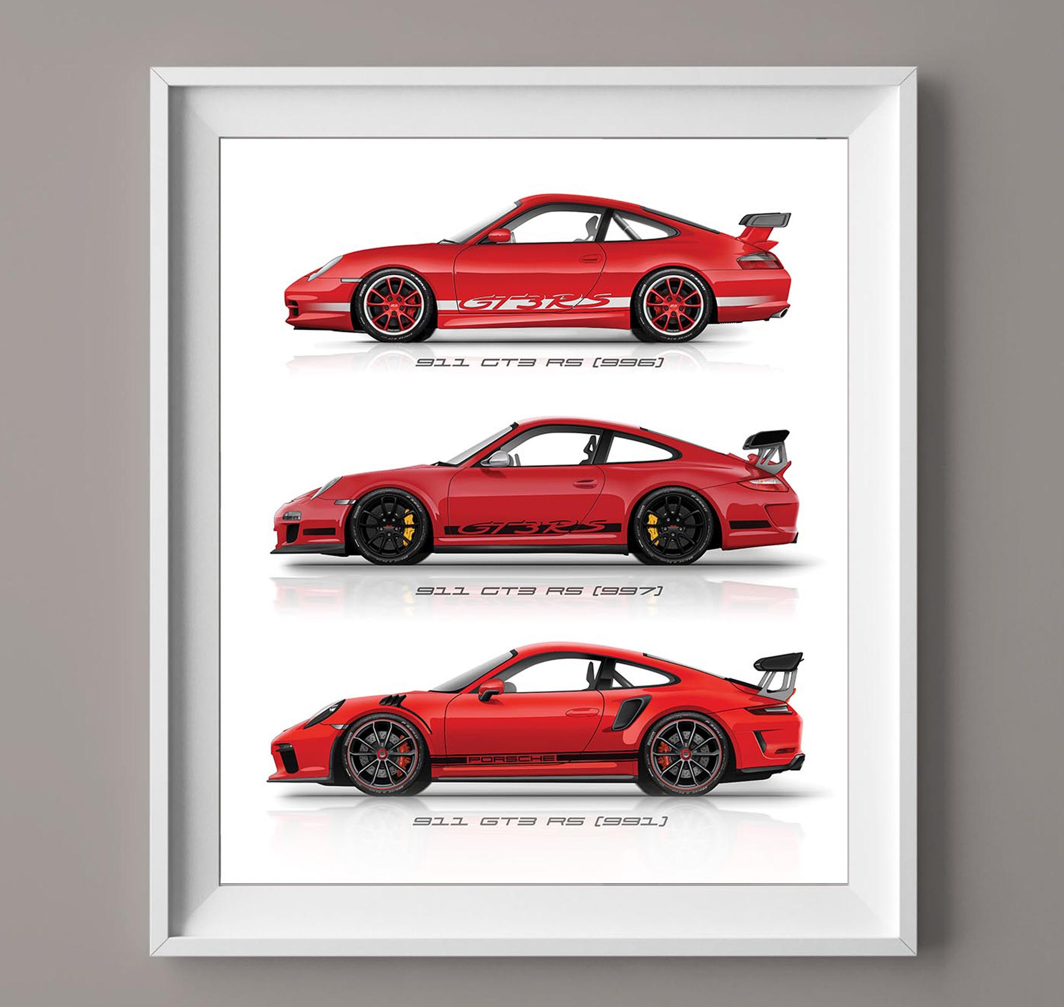 Porsche Carrera 911 GT3 RS Generations Handmade Artwork Print on