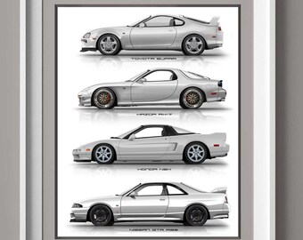 Toyota Supra, Nissan GTR, Mazda RX 7, Honda NSX Poster, Gift for