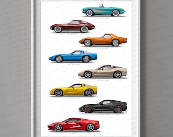 Chevrolet Corvette generations gift for car lovers handmade artwork print, wall art, poster / gifts for him / car art