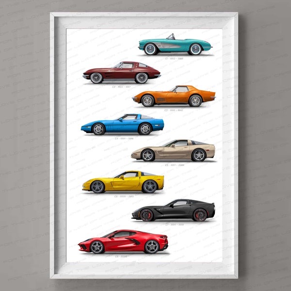 Chevrolet Corvette generations gift for car lovers handmade artwork print, wall art, poster / gifts for him / car art