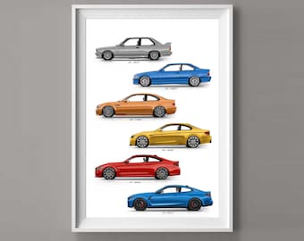 Gift for Car Lovers BMW all M3 / M4 generations handmade artwork print on high quality photo paper / gifts for him / car art / car sketch