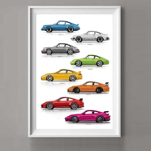 Póster de las generaciones del Porsche 911 para amantes de los coches, lámina artística hecha a mano, arte de pared, póster / regalo perfecto para él / arte de coches / póster de coches