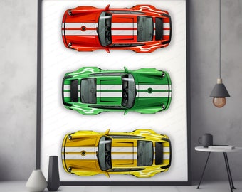 Porsche 911 inspired poster for car lovers / hand made art work print gift for him.
