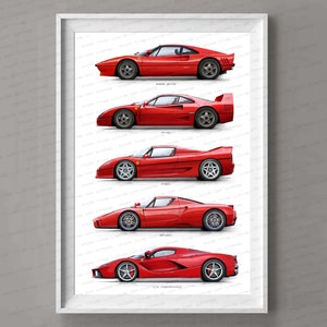 Stampa dell'evoluzione della Ferrari, regalo per gli amanti delle auto, poster con stampa artistica digitale fatta a mano / regali per lui / arte automobilistica