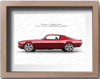 Personalisable 1970 Chevrolet Camaro poster for car lovers / hand made art work print gift for him and Camaro and hotrod lovers
