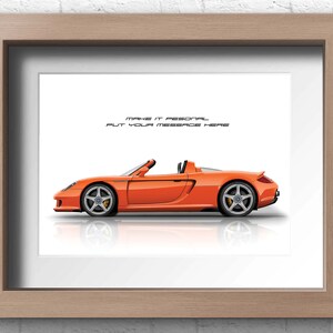 A orange Porsche Carrera GT convertible side view illustration on a white background. A perfect gift for him or any Porsche enthusiast. Available in 9 colours and 20 size options. Ideal wall art for collectors, or motorsport fans.