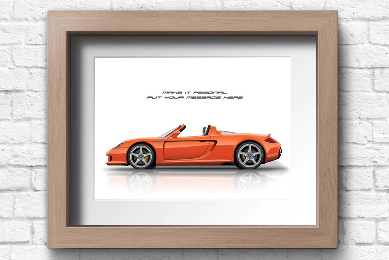 A orange Porsche Carrera GT convertible side view illustration on a white background. A perfect gift for him or any Porsche enthusiast. Available in 9 colours and 20 size options. Ideal wall art for collectors, or motorsport fans.