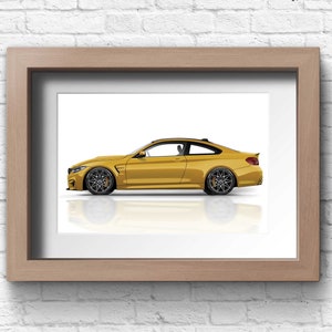 May include: A yellow sports car in a wood frame. The car is in profile view and is on a white background.