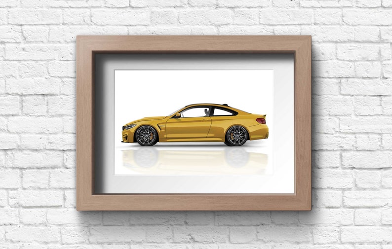 May include: A yellow sports car in a wood frame. The car is in profile view and is on a white background.